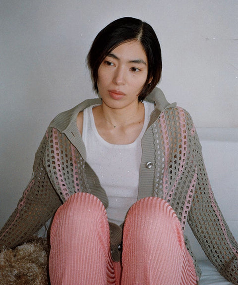 Mesh Stripe Knit Shirt / Beige
