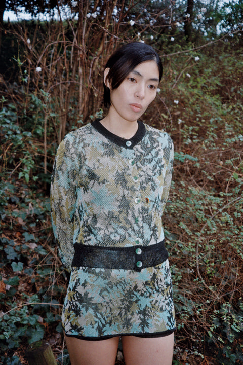 Floral Leaf Knit Cardigan / Green