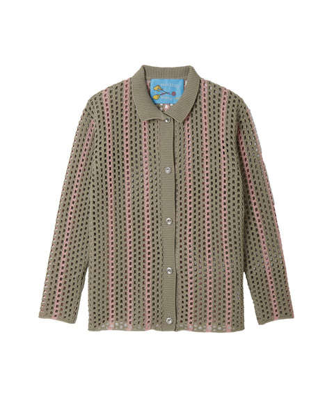 Mesh Stripe Knit Shirt / Beige